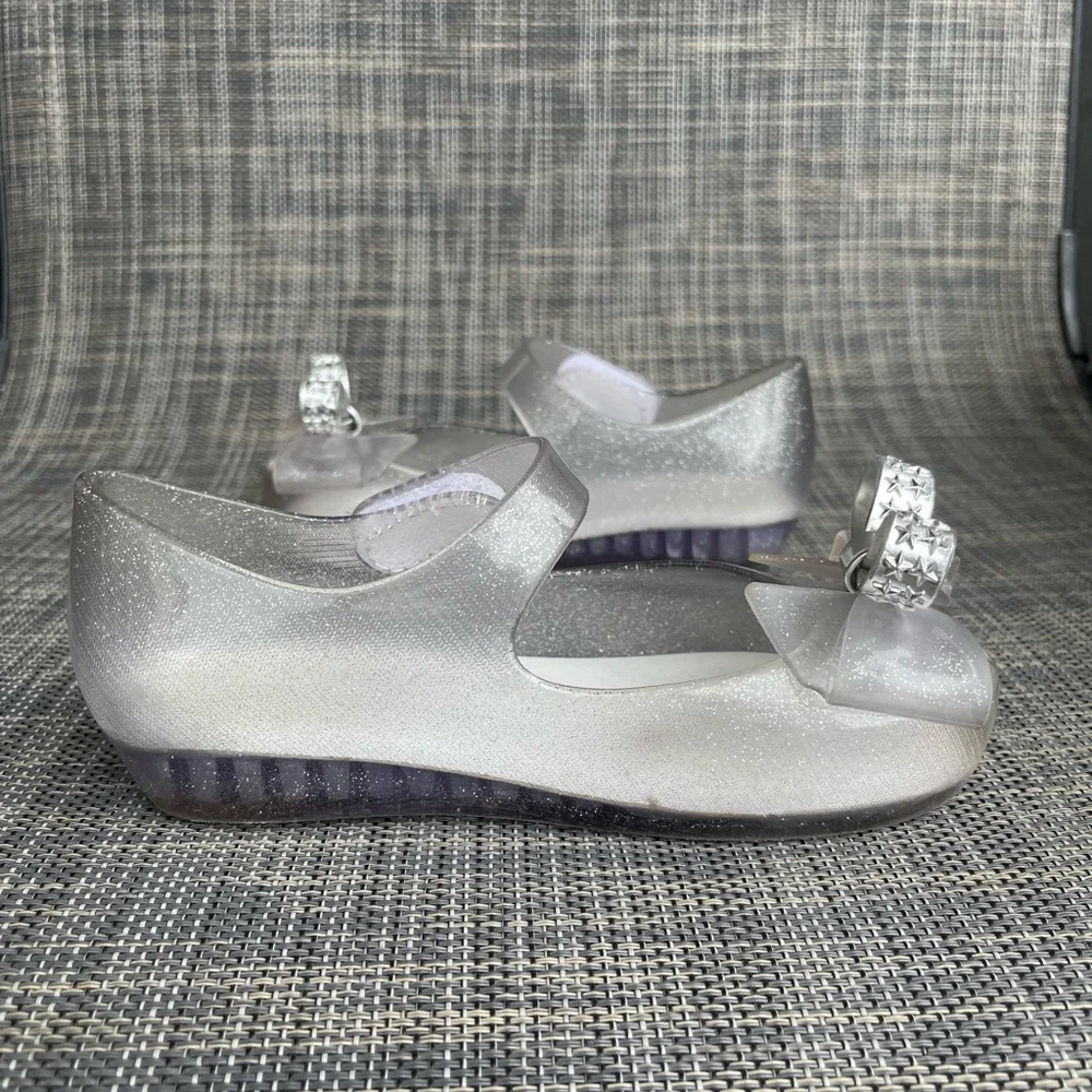 Mini Melissa Ultragirl Bow Mary Jane flats Clear glitter/Silver Dress Shoes sz 9